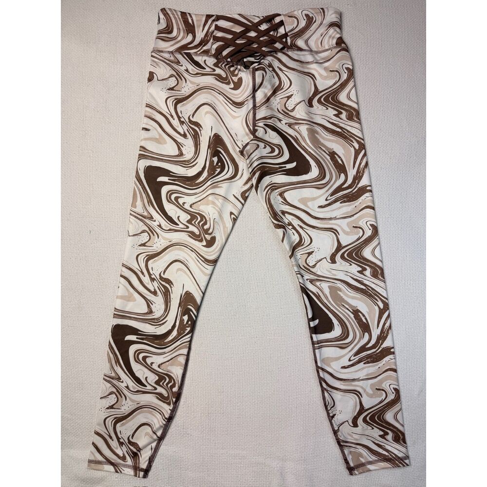 LA + Image Marble Print Leggings Sz L Lattice Waist Brown Tan Swirl Yoga